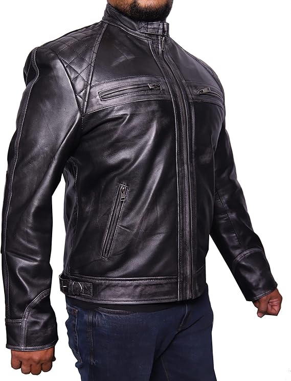 Chaqueta de cuero auténtico VearFit Rebond Rub Off Vintage Trend para hombre, color negro 