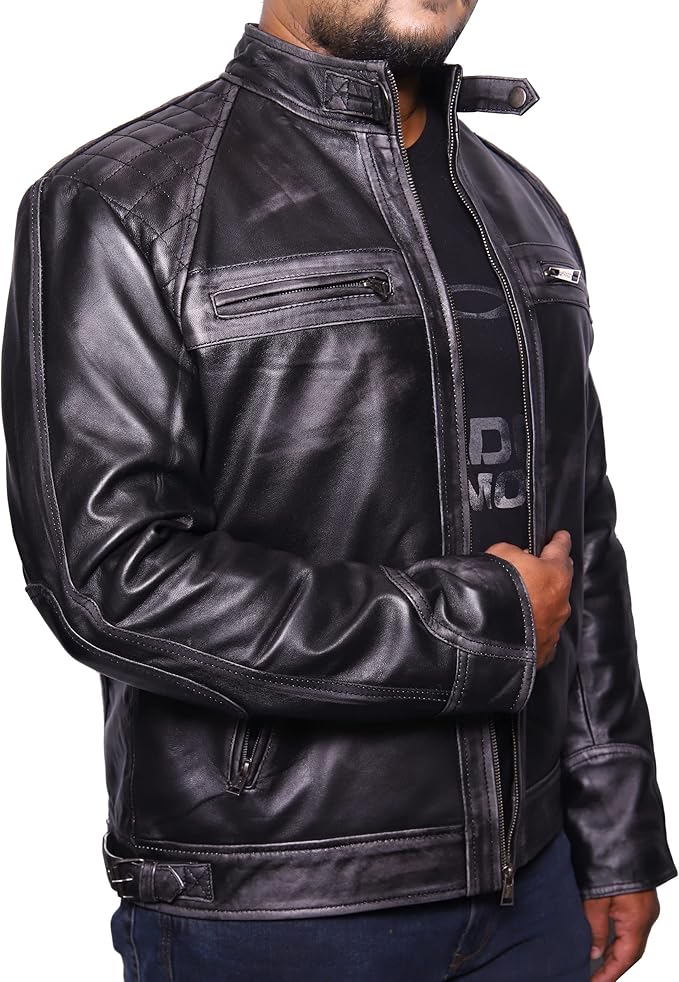 Chaqueta de cuero auténtico VearFit Rebond Rub Off Vintage Trend para hombre, color negro 