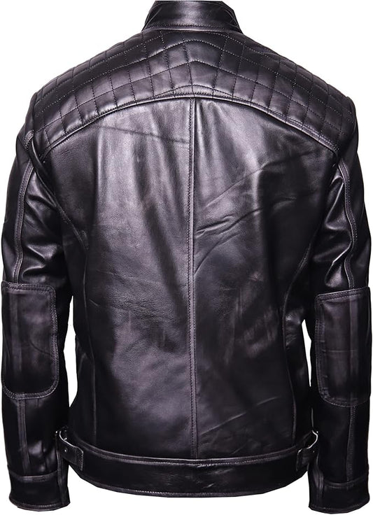 Chaqueta de cuero auténtico VearFit Rebond Rub Off Vintage Trend para hombre, color negro 