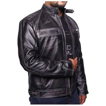 Chaqueta de cuero auténtico VearFit Rebond Rub Off Vintage Trend para hombre, color negro 